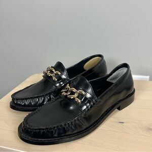 ASOS Faux Leather Black Patent Loafers Size 7 Gold Chain‎ Accent Academic Office